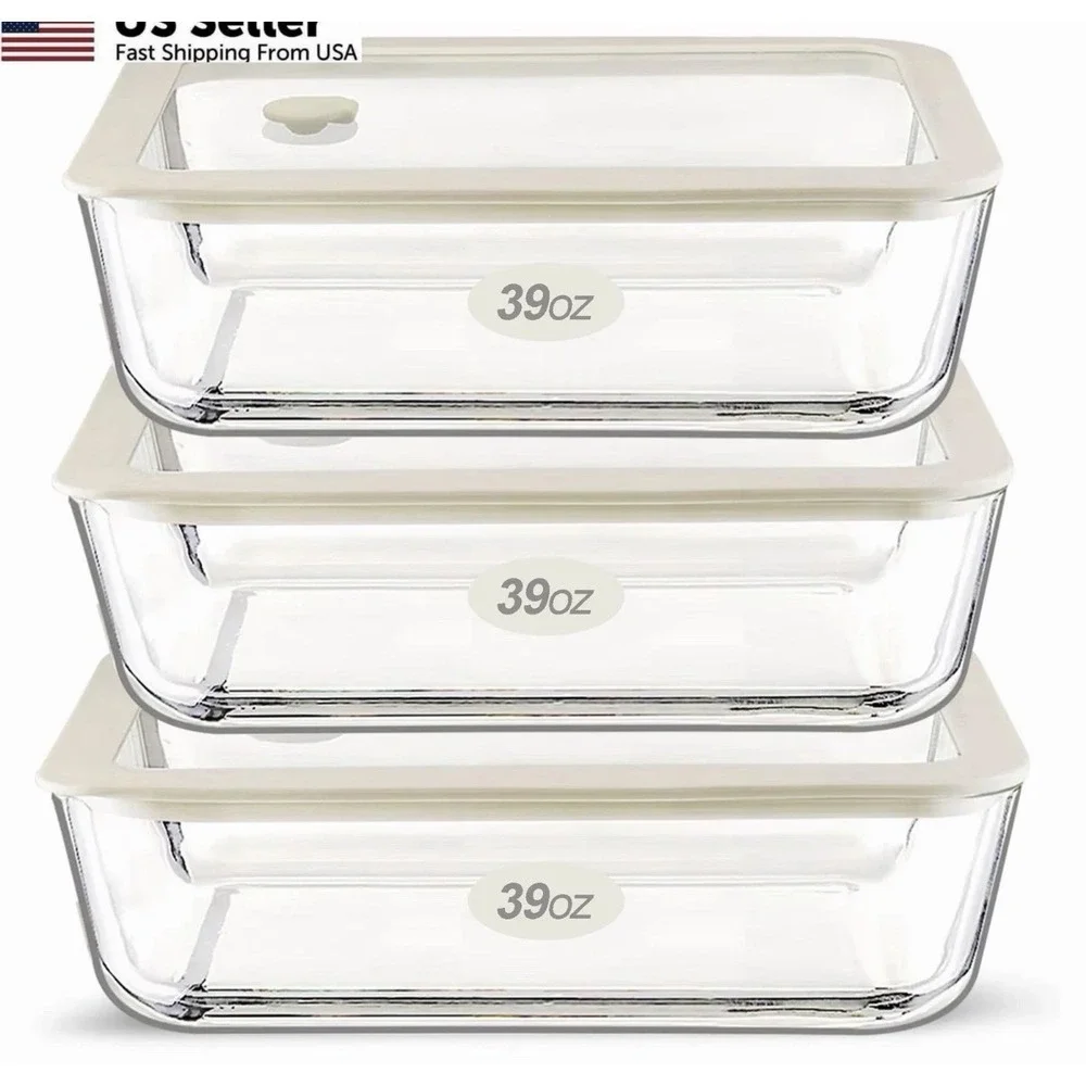 Urban Green Glass Food Container Set with Lid, 3 Pack, White Sand-SQ-3p